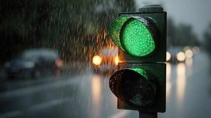 Green traffic light lit in rain