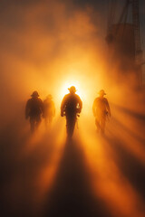 Silhouetted construction workers navigating through dust and light in a metallurgical foundry