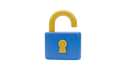 Open blue padlock with yellow shackle and keyhole on transparent background
