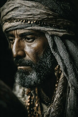 Umar ibn al Khattab portrayed with deep expression in a historical setting