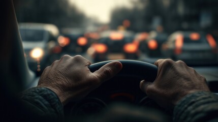 Faceless stressed driver gripping wheel in traffic