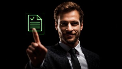 Businessman interacts with glowing green digital document confirmation icon.