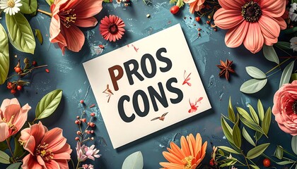 A flat lay showcases a square card with "PROS CONS" nestled amidst an abundance of colorful flowers and leaves
