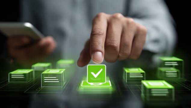 Finger interacting with glowing green digital confirmation interface blocks - Powered by Adobe