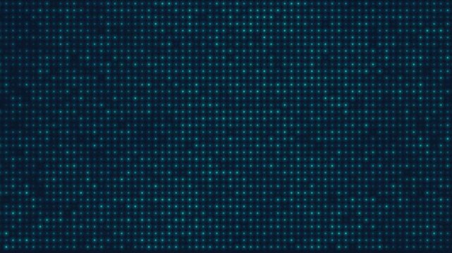 Flickering LED Light Grid Background. A dynamic wall of glowing cyan dots randomly flashing on dark background. Seamless loop for technology, music events, and futuristic visuals
