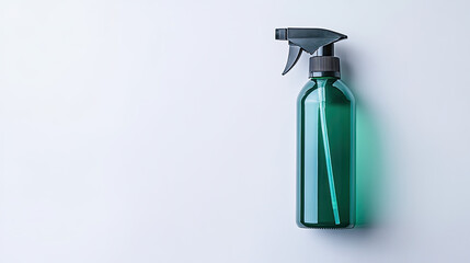 A close-up shot of a transparent green spray bottle on a bright, clean surface, suggesting cleanliness and hygiene.  AI Generative
