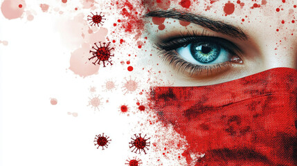 An eye looks out from under a red mask, with coronavirus imagery in the background, conveying the impact of the virus on individuals AI Generative