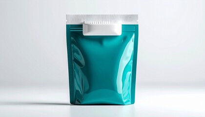 &ldquo;Teal stand-up resealable pouch with glossy finish and white zipper seal isolated on plain background modern packaging&rdquo;