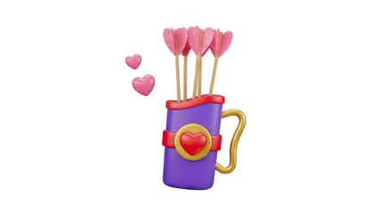 3D Cupid's Quiver with Arrows and Hearts on transparent background