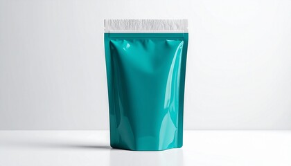 &ldquo;Teal stand-up resealable pouch with glossy finish and white zipper seal isolated on plain background modern packaging&rdquo;