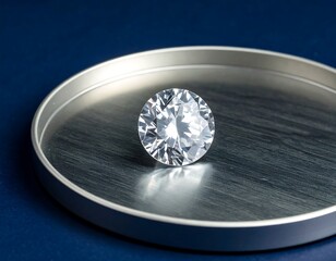 A flawless round brilliant cut diamond rests in a metallic tray