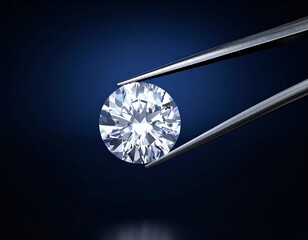 A flawless round diamond held delicately by tweezers against a dark background