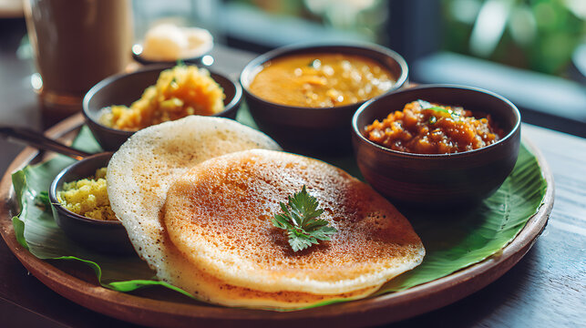 Sri Lankan breakfast with hoppers dhal curry and coconut sambol
