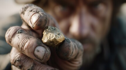 Faceless miner holding gold nugget