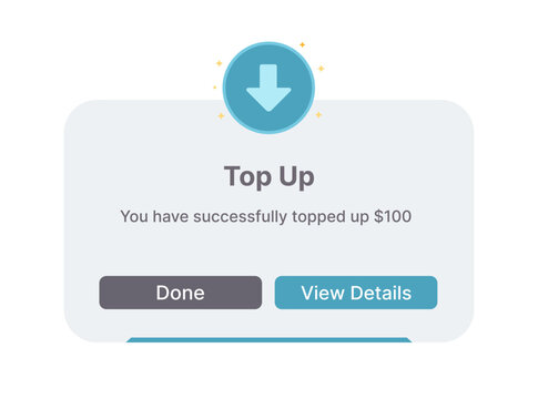 Top up popup notification modern UI. Balance recharge success popup user interface. Wallet topup confirmation popup app interface.