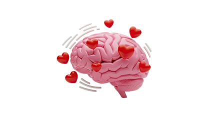 Pink Brain Surrounded by Red Hearts on transparent background