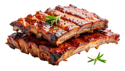 Glazed rib stack, garnished. Rich, meaty, and savory