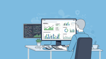 Man analyzing data on computer screen.