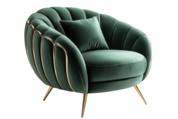Luxury green armchair with gold accents in elegant modern style for home decor isolated on transparent background