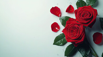 Two stunning red roses with scattered petals, symbolizing love and passion AI Generative