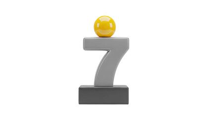3D Number 7 with a yellow ball on top on transparent background