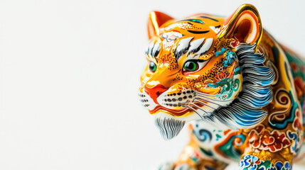 A close-up shot of a colorful ceramic tiger, with detailed patterns and vibrant hues, symbolizing power and strength. AI Generative