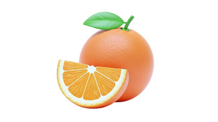 3D Orange fruit with a slice and green leaf on transparent background