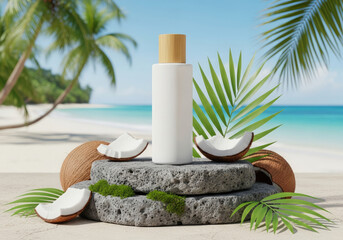 Coconut Skincare Bottle Mockup With Tropical Beach Background.