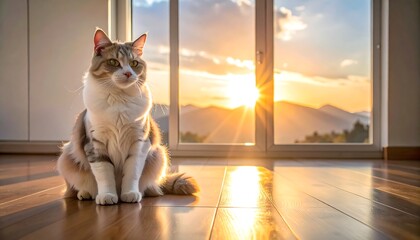 A fluffy, multicolor cat sits on a hardwood floor, gazing serenely. Behind it, a bright sunset bathes mountains through a large window