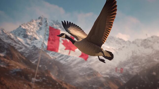 A majestic goose flying over the Canadian flag, showcasing natural beauty and freedom.
