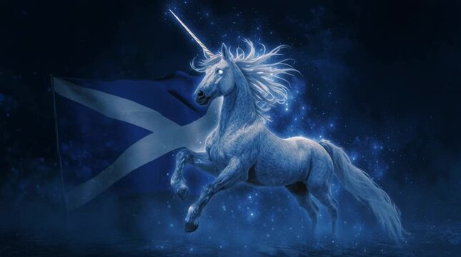 A magical unicorn rears up proudly with a Scottish flag in a mystical setting.