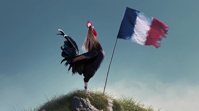 A proud rooster stands atop a hill, waving the French flag against a dramatic sky.