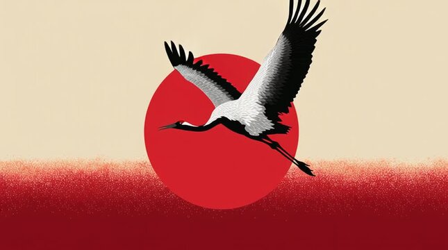 A stunning silhouette of a crane flying against a red sun backdrop, symbolizing elegance.