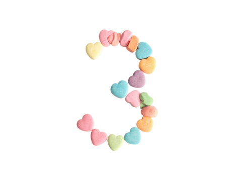 Number three formed by candy hearts on a black background - Powered by Adobe