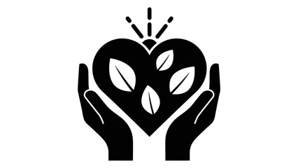 Obraz premium Caring hands holding a heart with green leaves and radiating light rays, symbolizing environmental protection, nature's growth, and well-being, on an isolated white background.