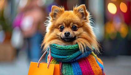 A fluffy, reddish-brown canine sports a colorful scarf and holds an orange shopping bag, smiling at the camera on a blurred city street