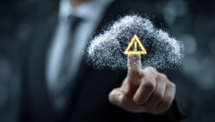 Businessman touches glowing digital cloud with warning symbol.