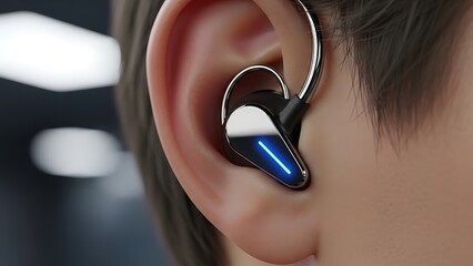 Close up view of an individual wearing a sleek black wireless earbud with a bright blue illuminated indicator light.
