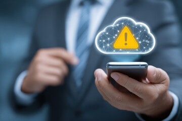 Businessman views cloud warning icon displayed above smartphone screen.