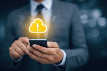 Businessman interacts with glowing cloud warning icon on smartphone screen.