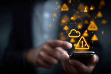 Person interacting with phone showing digital warning and cloud icons.