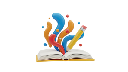 3D Open Book with Pencil and Colorful Shapes, Symbolizing Creativity on transparent background