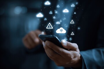 Hands holding smartphone with glowing cloud and warning icons above.