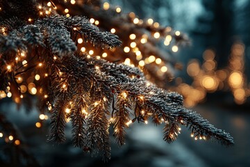 Glowing Holiday String Lights on Fir Branches