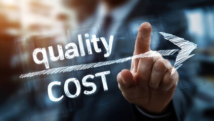 Businessman interacts with holographic quality and cost display.
