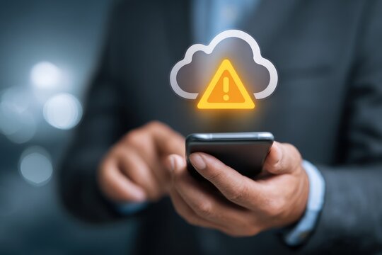 Businessman holding phone with cloud computing warning symbol floating above. - Powered by Adobe