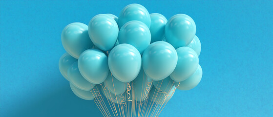 A cluster of blue balloons floating against a blue background