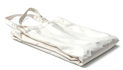 A folded, plain, off-white textile bag rests on a white background, highlighting its texture and design. Its handles are visible