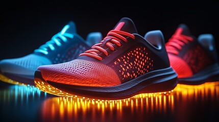 Sneakers and sport shoes on black backdrop, emphasizing design innovation and fitness technology. These shoes feature heart rate tracking, pulse monitoring, and advanced technology, Generative AI