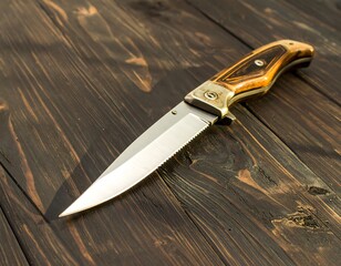 A folding knife on a wooden surface